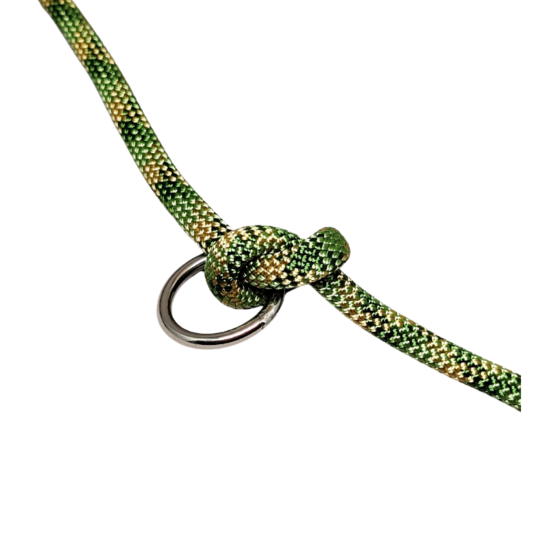 Robuste Leine mit grün-goldenem Muster und verstellbaren Elementen, perfekt für Training und Spaziergänge mit dem Hund.