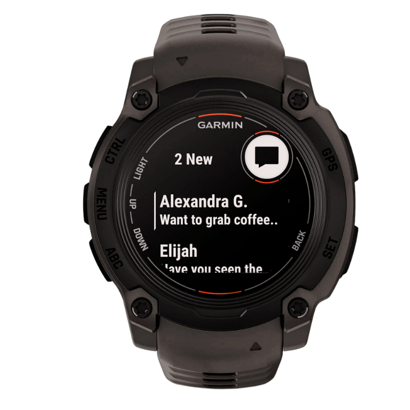 Garmin Instinct 3 Smartwatch mit Benachrichtigungsanzeige. Das Display zeigt eingehende Nachrichten und Mitteilungen von Kontakten an. Die robuste Outdoor-Uhr bietet smarte Funktionen, GPS-Tracking und eine hohe Widerstandsfähigkeit für Sport, Abenteuer und den Alltag.