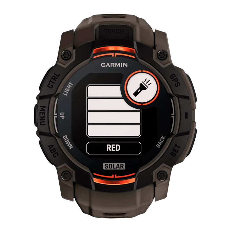 Garmin Instinct 3 Solar Smartwatch mit integrierter Taschenlampenfunktion. Das Display zeigt die Auswahlmöglichkeiten für verschiedene Lichtmodi, darunter ein rotes Licht. Ideal für Outdoor-Abenteuer, Nachteinsätze und Rettungsteams, die eine zuverlässige Beleuchtung am Handgelenk benötigen.