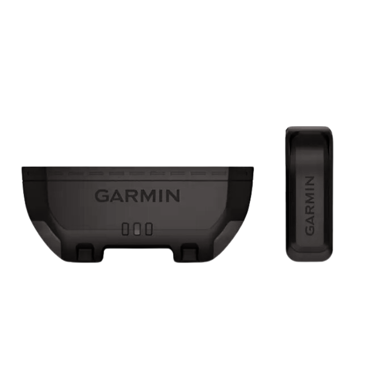 Erweitertes Akkupack für das Garmin Alpha T20K Hundeortungshalsband. Das robuste schwarze Gehäuse mit dem Garmin-Logo zeigt die Ladekontakte und die Befestigungspunkte für eine sichere und langlebige Nutzung.