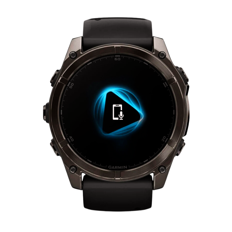 Garmin fēnix 8 Sapphire Smartwatch in Schwarz mit AMOLED-Display, zeigt ein Voice-Control-Symbol auf dem Bildschirm.