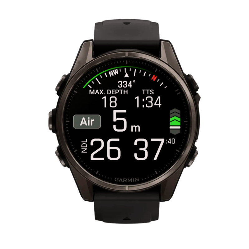 Garmin fēnix 8 Smartwatch in Schwarz mit AMOLED-Display, zeigt den Tauchmodus mit aktuellen Tauchtiefen- und Zeitangaben.