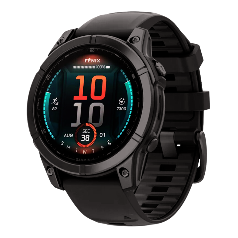 Garmin fēnix E Smartwatch mit 47 mm Gehäuse und AMOLED-Display. Hochauflösende Anzeige mit Fitness-Tracking, Schrittzähler und Trainingsdaten. Robustes schwarzes Gehäuse mit passendem Armband für Outdoor- und Sportaktivitäten.