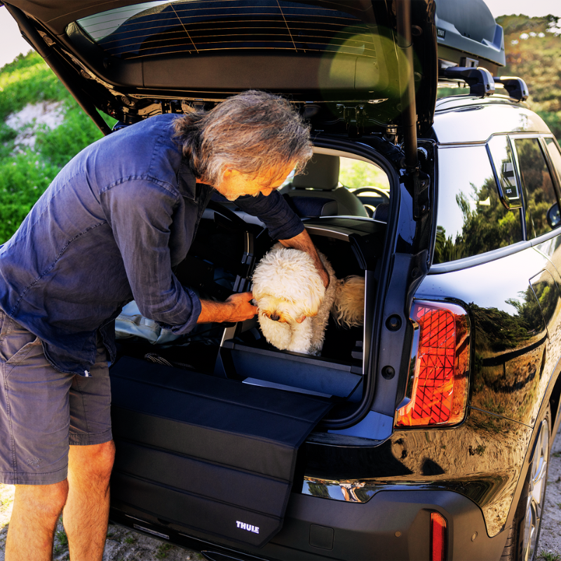 Ein Mann setzt seinen kleinen, weißen Hund vorsichtig in eine Hundetransportbox im Kofferraum eines SUVs. Die Umgebung ist grün und ländlich, was eine Reise oder ein Outdoor-Abenteuer suggeriert.