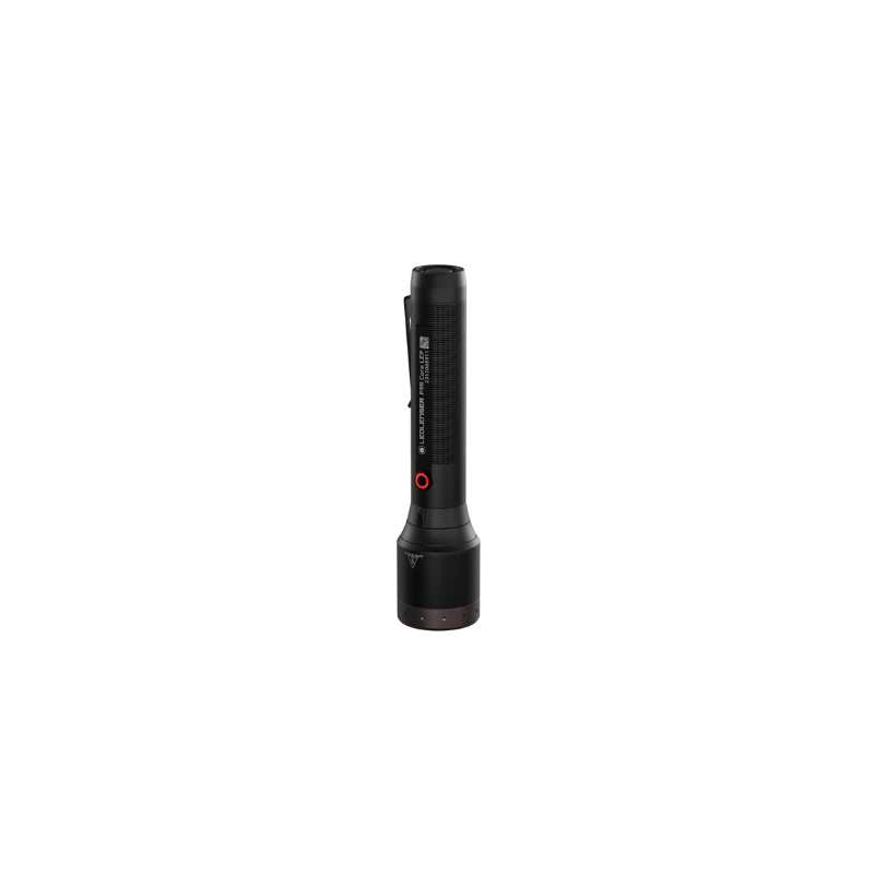 Die Ledlenser P9R Signature ist eine wiederaufladbare Premium-Taschenlampe mit robustem Aluminiumgehäuse. Das Bild zeigt die Lampe mit aktiviertem roten Ladeindikator, der einen niedrigen Akkustand oder den Ladevorgang anzeigt. Ideal für professionelle Anwendungen, Outdoor-Abenteuer und den täglichen Gebrauch.