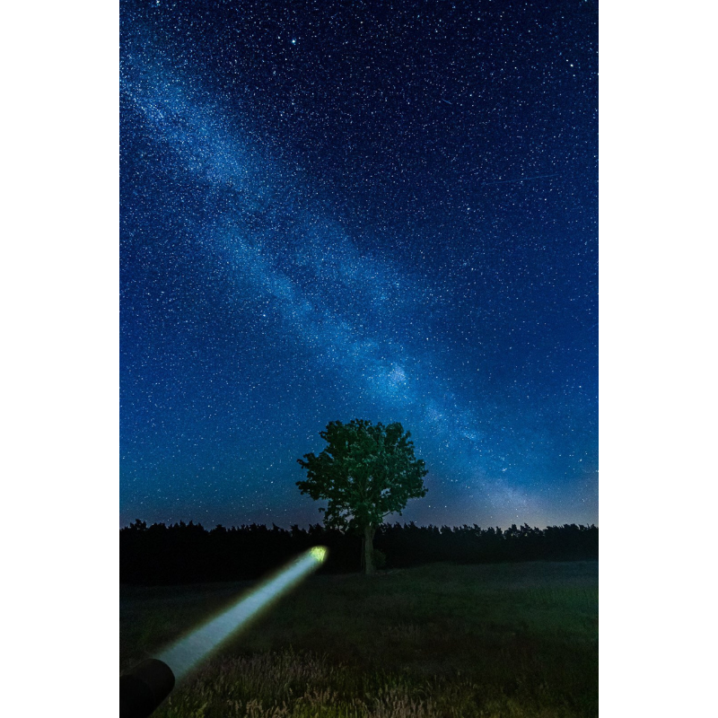 Ein heller Lichtstrahl einer Ledlenser P9R Signature Taschenlampe leuchtet in die Dunkelheit und trifft auf einen einzelnen Baum, während im Hintergrund die Milchstraße den Nachthimmel erhellt. Diese beeindruckende Szene zeigt die enorme Leuchtkraft und Reichweite der Taschenlampe, ideal für Outdoor-Abenteuer, Nachtwanderungen und professionelle Einsätze in der Dunkelheit.