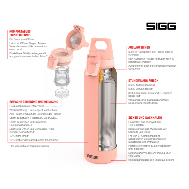 Die SIGG Thermo Trinkflasche Light Coral mit innovativem Design und doppelwandiger Vakuum-Isolierung hält Getränke bis zu 13 Stunden heiß und 30 Stunden kalt. Sie ist aus hochwertigem 18/8 Edelstahl gefertigt, BPA-frei und mit einem auslaufsicheren Verschluss ausgestattet. Dank des herausnehmbaren Tritan™ Siebs und der Weithalsöffnung ist sie einfach zu befüllen und zu reinigen. Die Flasche bietet ein komfortables Trinkerlebnis mit einer einstellbaren Trinklippe und schützt das Mundstück vor Schmutz. Eine n