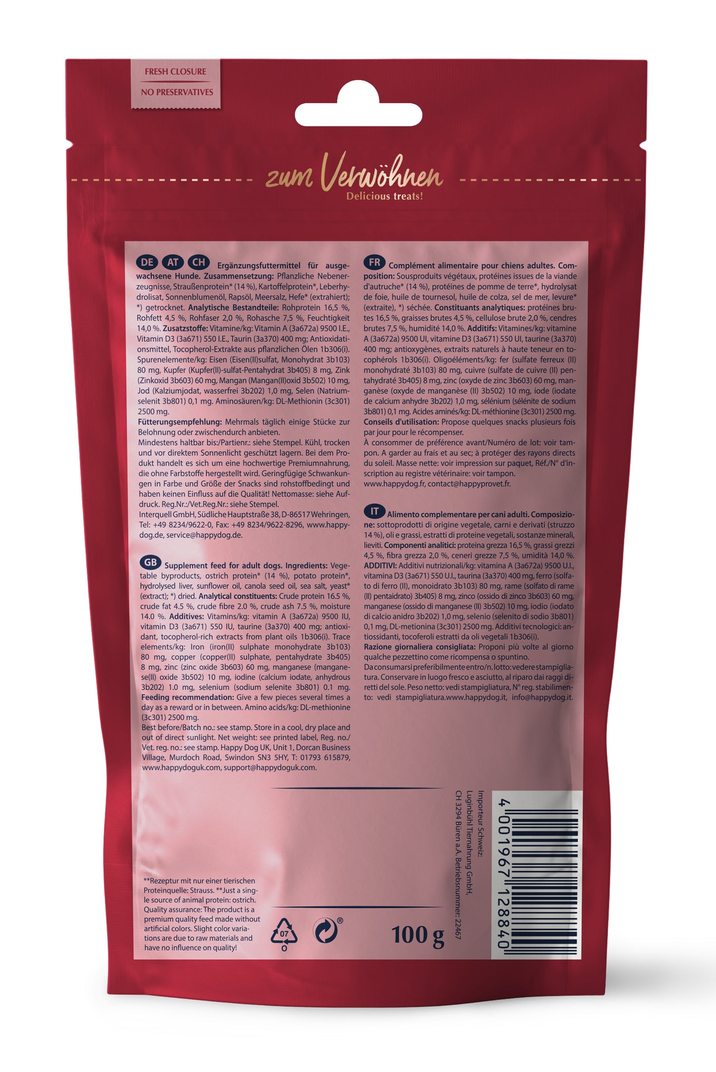 "HAPPY DOG Soft Snack Africa – Ergänzungsfuttermittel für ausgewachsene Hunde. Getreidefreie Rezeptur mit Strauß als einziger tierischer Proteinquelle. Enthält wertvolle Zutaten wie Kartoffelflocken, Leberhydrolysat und Sonnenblumenöl. Analytische Bestandteile: 16,5 % Rohprotein, 14 % Rohfett, Omega-3- und Omega-6-Fettsäuren für eine gesunde Haut und glänzendes Fell. Fütterungsempfehlung: Mehrmals täglich kleine Stücke als Belohnung oder zwischendurch. Verpackung mit Frischeverschluss für längere Haltbarkei