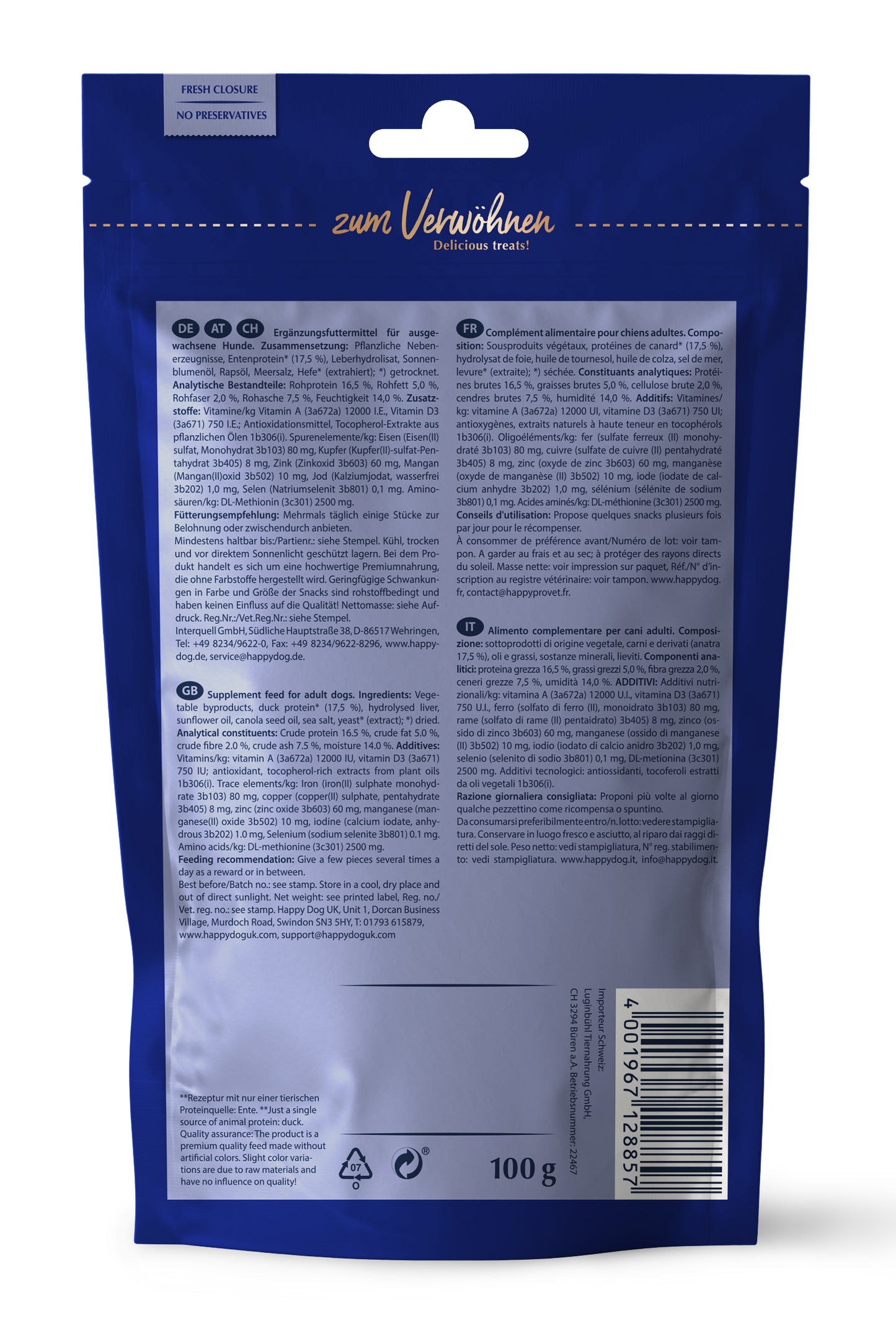 HAPPY DOG Soft Snack France – Ergänzungsfuttermittel für ausgewachsene Hunde. Hochwertige Rezeptur mit Gourmet-Ente, angereichert mit wertvollen Nährstoffen. Frei von Getreide und ohne künstliche Zusatzstoffe. Analytische Bestandteile: 16,5 % Rohprotein, 14 % Rohfett, Omega-3- und Omega-6-Fettsäuren für gesunde Haut und glänzendes Fell. Fütterungsempfehlung: Mehrmals täglich kleine Stücke als Belohnung oder zwischendurch. Verpackung mit Frischeverschluss für längere Haltbarkeit.