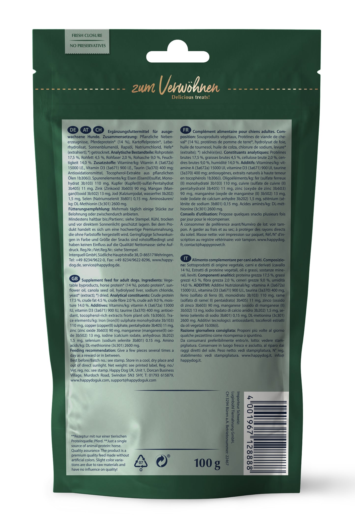 HAPPY DOG Soft Snack Montana – Ergänzungsfuttermittel für ausgewachsene Hunde. Enthält hochwertiges Pferdeprotein, Kartoffelflocken und Sonnenblumenöl für beste Verträglichkeit. Frei von Getreide und künstlichen Zusatzstoffen. Analytische Bestandteile: 17,5 % Rohprotein, 14 % Rohfett, Omega-Fettsäuren für Haut & Fell. Fütterungsempfehlung: Mehrmals täglich kleine Stücke als Belohnung oder zwischendurch. Verpackung mit Frischeverschluss für längere Haltbarkeit.