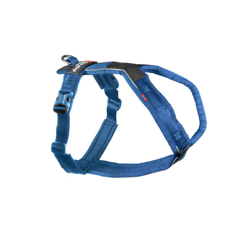 Blau Sportgeschirr für aktive Hunde mit robusten Schnallen, reflektierenden Nähten und einem stabilen Metallring für die Leine.