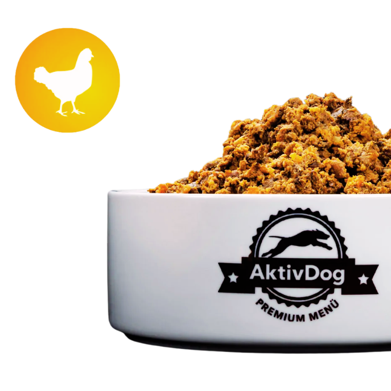 AktivDog Premium Hundefutter mit Huhn, präsentiert in einer weißen Schüssel, gekennzeichnet mit einem Hühnerfleisch-Symbol.