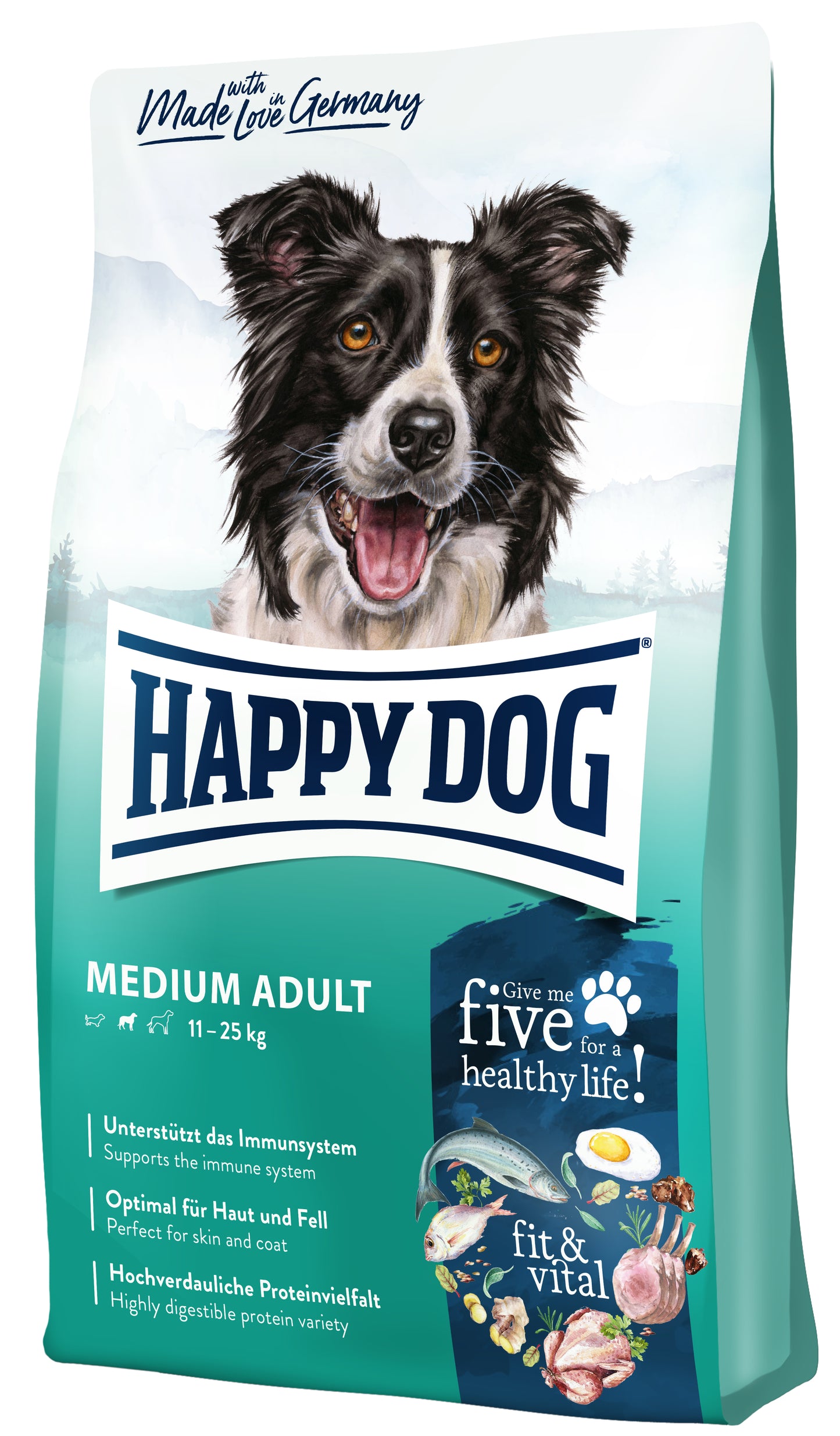 "HAPPY DOG MEDIUM ADULT Hundefutter für mittelgroße Hunde (11-25 kg) – Hochwertiges Trockenfutter mit einer speziell abgestimmten Rezeptur zur Stärkung des Immunsystems. Enthält wertvolle Inhaltsstoffe für gesunde Haut und ein glänzendes Fell. Die hochverdauliche Proteinvielfalt sorgt für eine optimale Nährstoffaufnahme. Hergestellt in Deutschland mit natürlichen Zutaten. Die Verpackung zeigt einen glücklichen Border Collie vor einer malerischen Bergkulisse. Slogan: 'Give me five for a healthy life!' Mit Fi