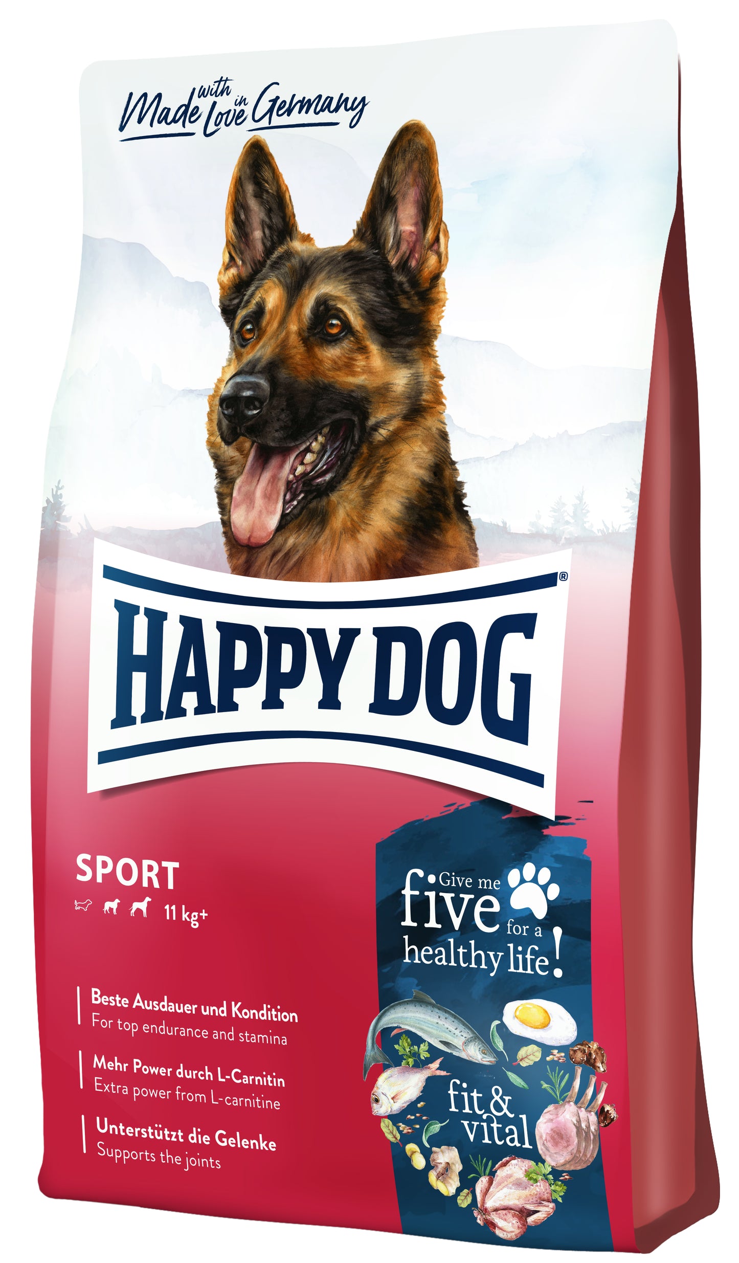 "HAPPY DOG SPORT Hundefutter 11 kg+ – Premium-Trockenfutter für sportliche und aktive Hunde. Enthält L-Carnitin für zusätzliche Energie, fördert Ausdauer und Kondition sowie die Gelenkgesundheit. Hergestellt in Deutschland mit hochwertigen Zutaten. Verpackung zeigt einen Deutschen Schäferhund mit Bergen im Hintergrund. Slogan: 'Give me five for a healthy life!' Fit & vital Rezeptur mit Fisch, Fleisch, Ei und wertvollen Nährstoffen."