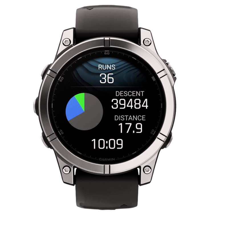 Garmin Fenix 8 Smartwatch mit Ski-Tracking-Funktion. Das Display zeigt die Anzahl der Abfahrten (36), die zurückgelegte Strecke (17,9 km) und die gesamte Höhenmeter-Abfahrt (39484 m) in einer grafischen und numerischen Übersicht. Ideal für Wintersportler und Outdoor-Enthusiasten.