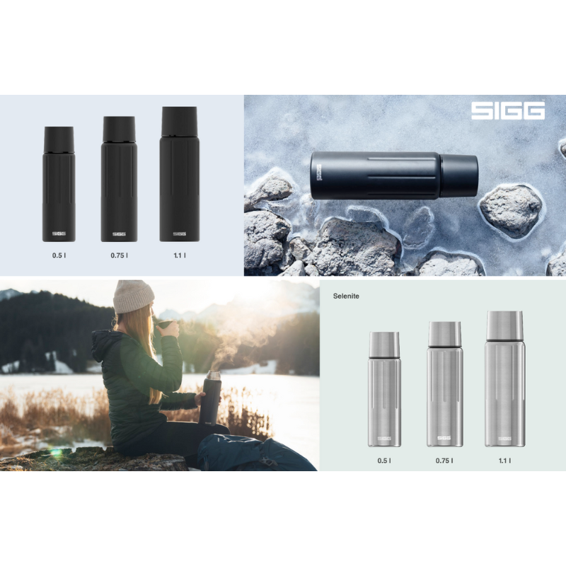 SIGG Thermoflasche Schwarz & Selenite – Erhältlich in 0,5L, 0,75L und 1,1L. Doppelwandig vakuumisolierte Edelstahlflasche für heiße und kalte Getränke. Perfekt für Outdoor-Abenteuer, Mantrailing und Sport. Auslaufsicher, BPA-frei und recycelbar.