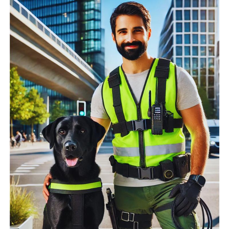 Hundeführer in Sicherheitsweste mit Funkgerät und schwarzer Labrador mit reflektierender Kenndecke in einer modernen Stadt