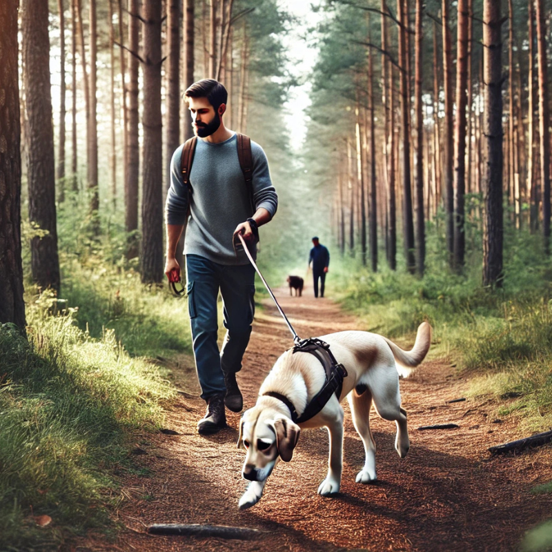 Mann der mir seinem Hund Mantrailing macht 