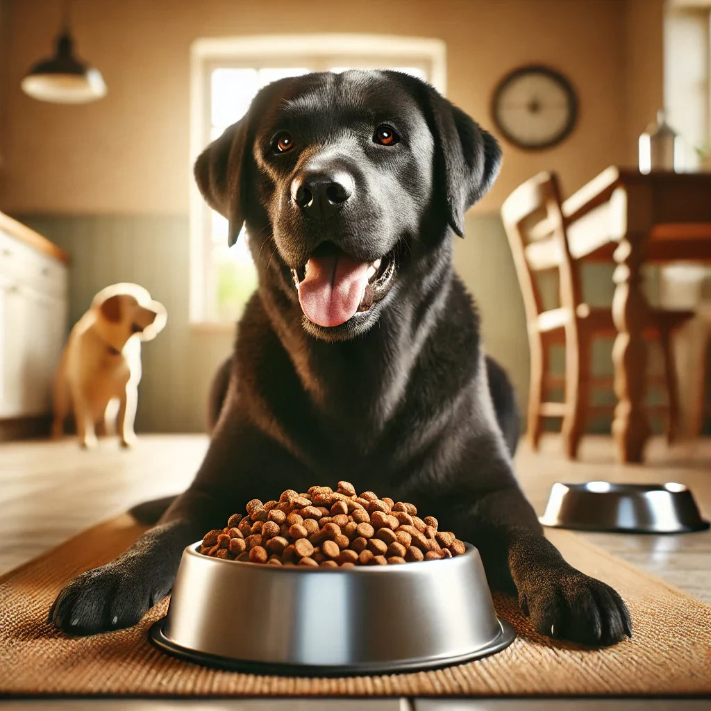 Schwarzer Labrador vor einem vollen Napf