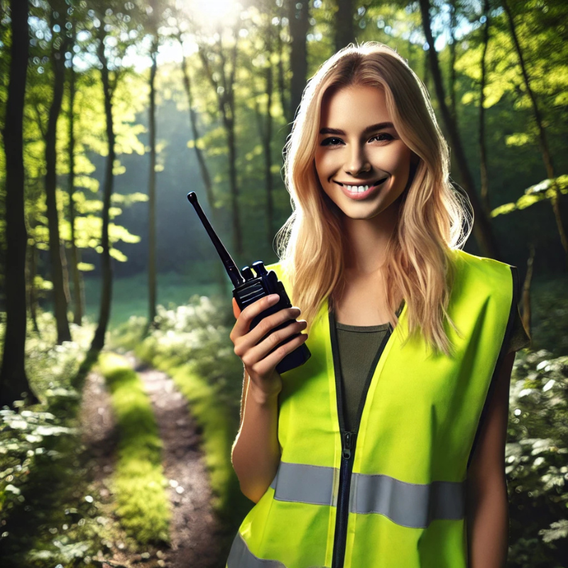Eine Frau mit Funkgerät in einer Leuchtweste im Wald
