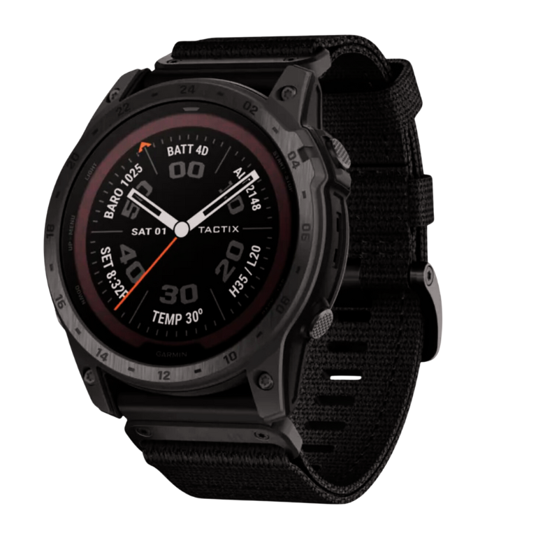 Garmin Tactix 7 Pro Ballistics Edition mit analogem Display und schwarzem Nylonarmband. Das Zifferblatt zeigt Barometer, Höhenmesser, Temperatur und Akkulaufzeit an. Die robuste GPS-Uhr mit Solarladetechnologie ist ideal für taktische Einsätze, Outdoor-Abenteuer und Extremsportler