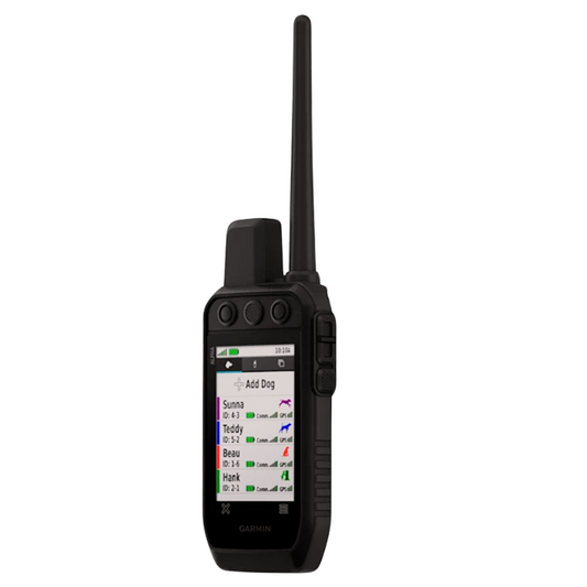 Das Garmin Alpha 300K GPS-Handgerät mit langer Antenne, robustem schwarzen Gehäuse und farbigem Touchscreen-Display. Das Display zeigt eine Liste mit mehreren georteten Hunden, deren Signalstatus und individuellen ID-Nummern.