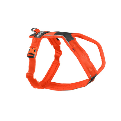 Leuchtorange Sportgeschirr für aktive Hunde mit robusten Schnallen, reflektierenden Nähten und einem stabilen Metallring für die Leine.