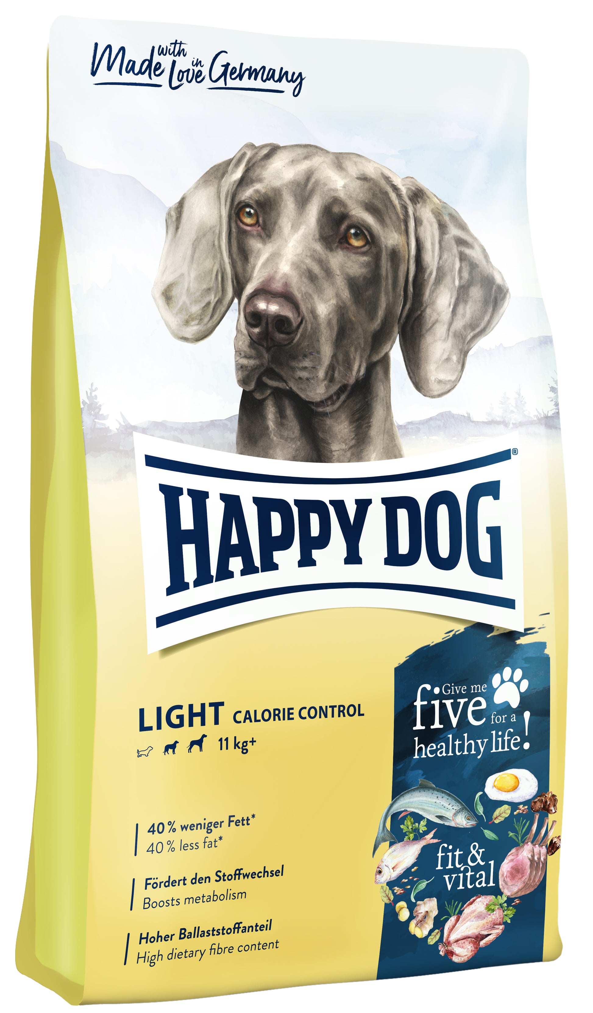 LIGHT CALORIE CONTROL
Give me five for a healthy life!

40 % weniger Fett (40% less fat)
Fördert den Stoffwechsel (Boosts metabolism)
Hoher Ballaststoffanteil (High dietary fibre content)