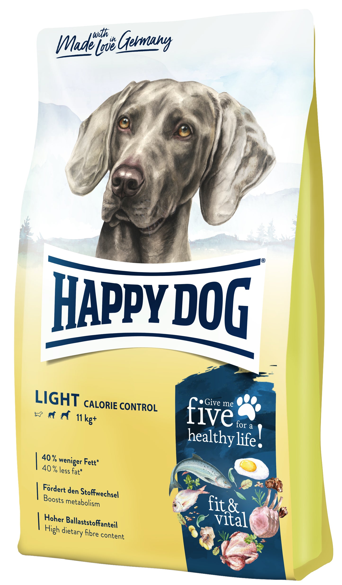 LIGHT CALORIE CONTROL
Give me five for a healthy life!

40 % weniger Fett (40% less fat)
Fördert den Stoffwechsel (Boosts metabolism)
Hoher Ballaststoffanteil (High dietary fibre content)